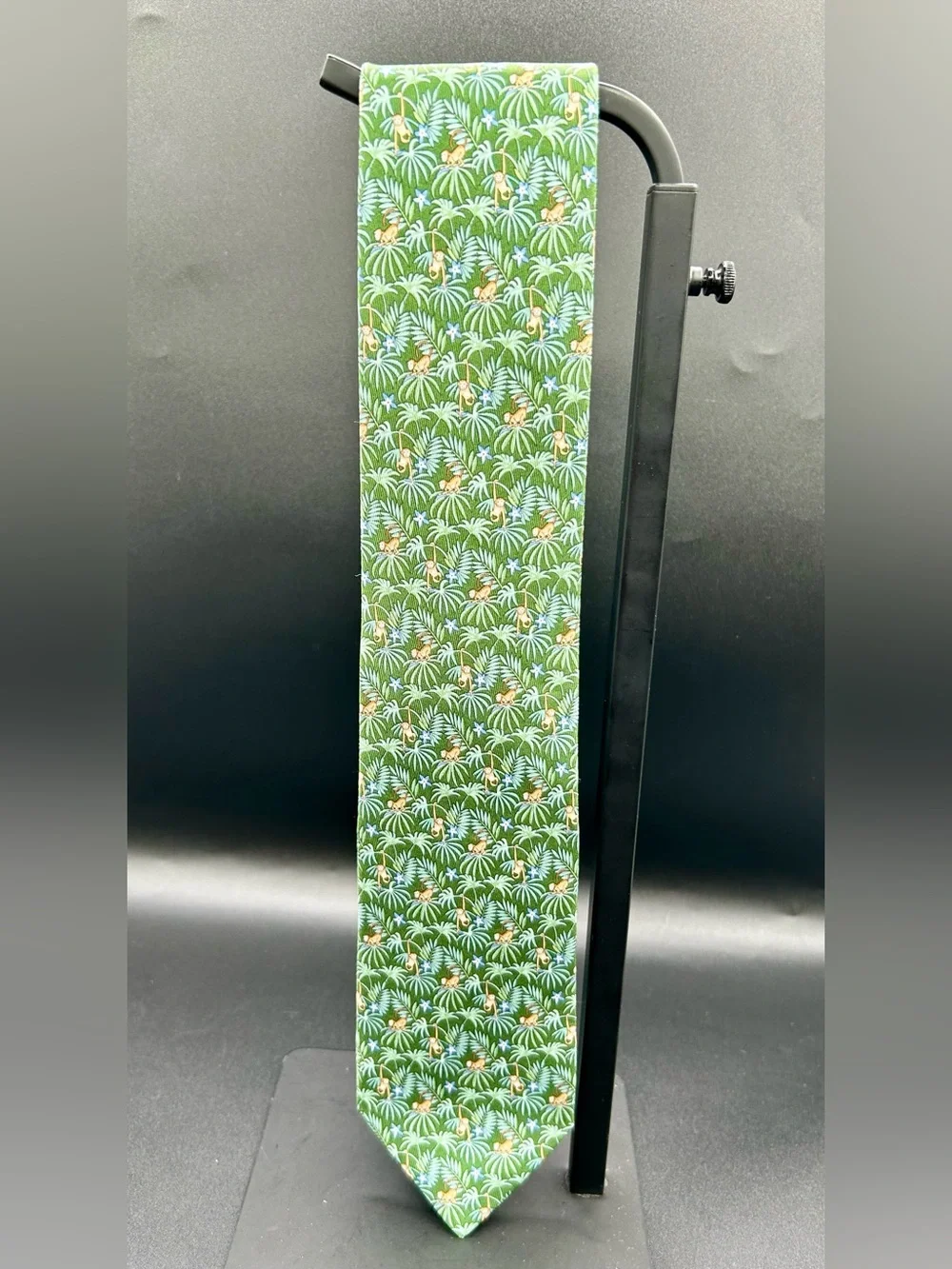 SALVATORE FERRAGAMO Silk Neck Tie - Tropical Jungle Leaf and Monkey motif.